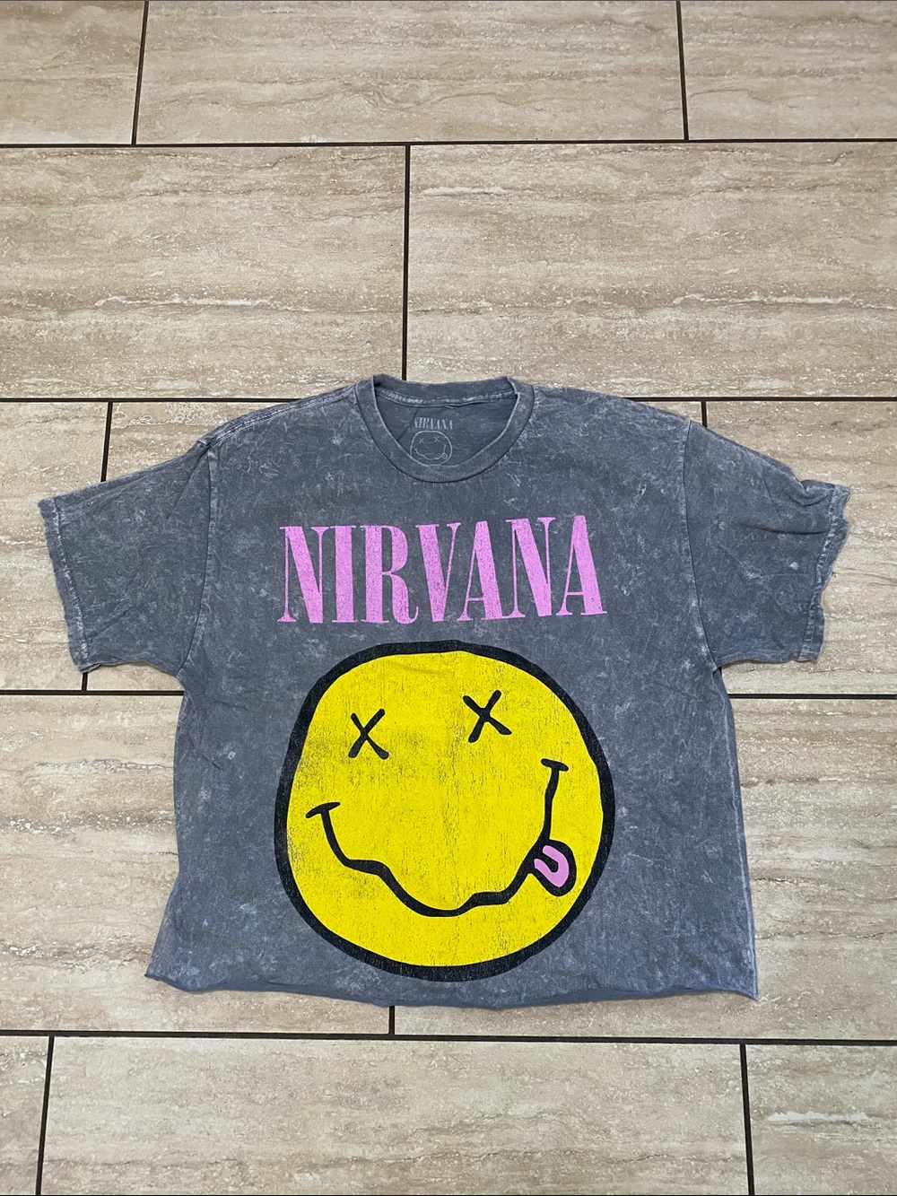 NIRVANA Gray Crop Tee with Pink Logo & Yellow Smiley